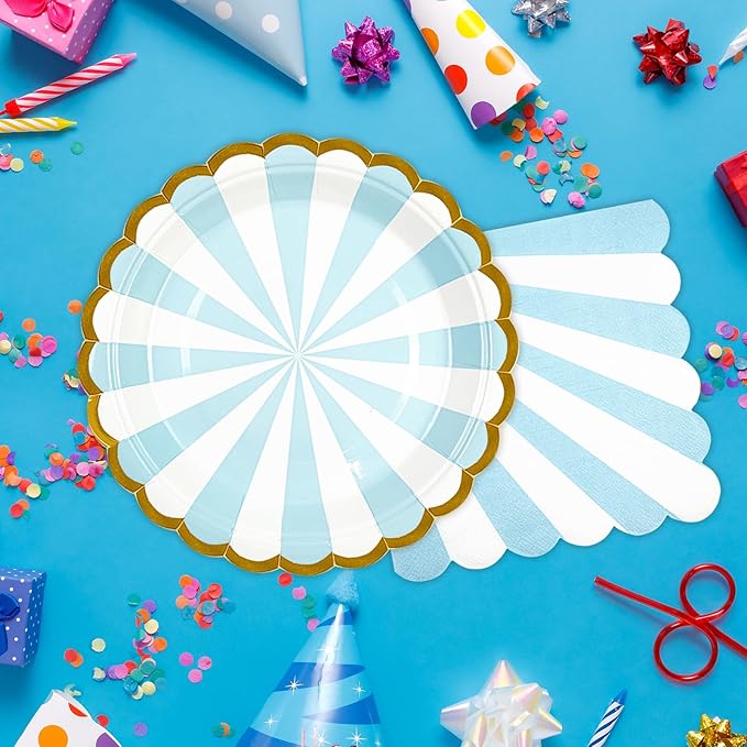 50PCS Blue Striped Paper Plates and Napkins Party Supplies, 7 inch Disposable Gold Foil Scalloped Dessert Plate Party Tableware Set for Birthday Wedding Bachelorette Baby/ Bridal Shower Decorations