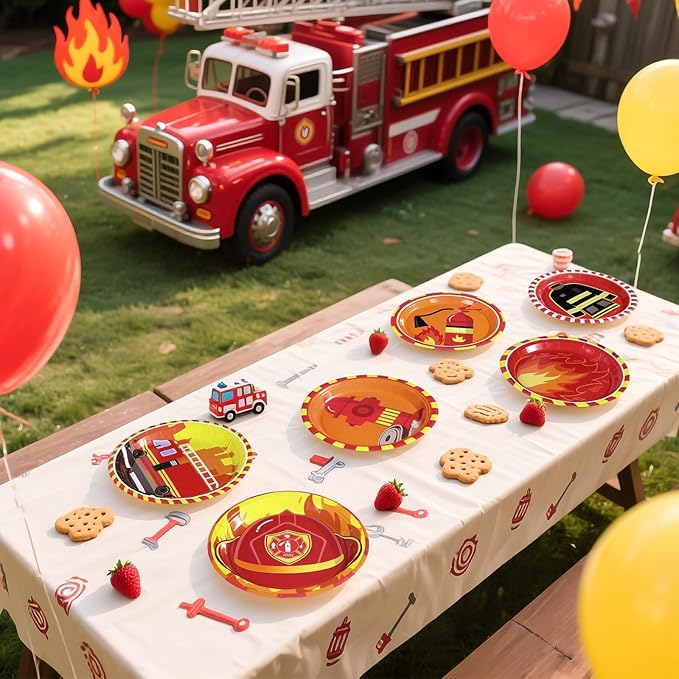 Grencian 60Pcs Firetruck Paper Plates 9" Large Disposable Heavy Duty Red Fire Truck Birthday Platter Firefighter Themed Dessert Plate for Kids Boys Birthday Fireman Fire Lunch Dinner Party Decoration