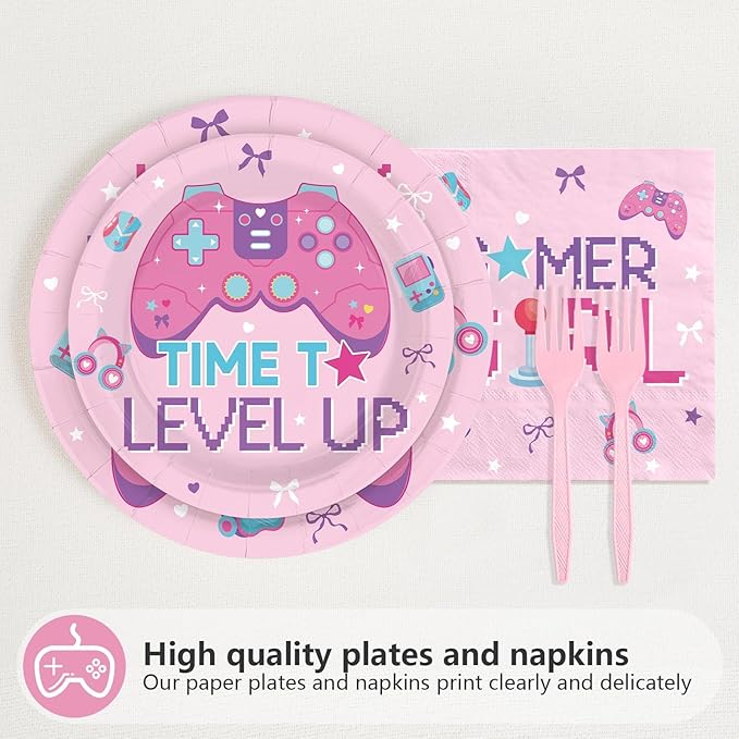96Pcs Video Game Birthday Party Supplies Pink Game Birthday Plates and Napkins Teens Gaming On Level Up Tableware Set for Girls Kids Baby Shower Gamer Party Decorations Serves 24
