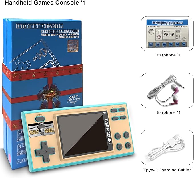 Kids Handheld Game Console with 200 Video Games for Kids, 16 Bit Games Travel Toys, 3 Inch Screen Pocket Game, Electronic Learning & Education Toys, Gifts for Boys and Girls (Blue)
