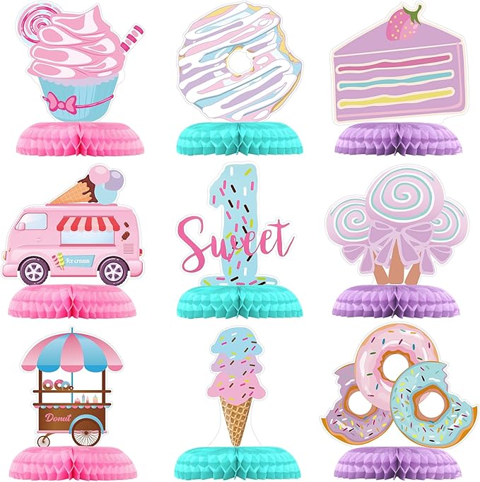 Hotop 9 Pcs Donut 1st Sweet Birthday Party Decorations One Table Honeycomb Centerpieces Table Topper First Doughnut Birthday Sign Decor for Girls Christmas Party Supplies Baby Shower