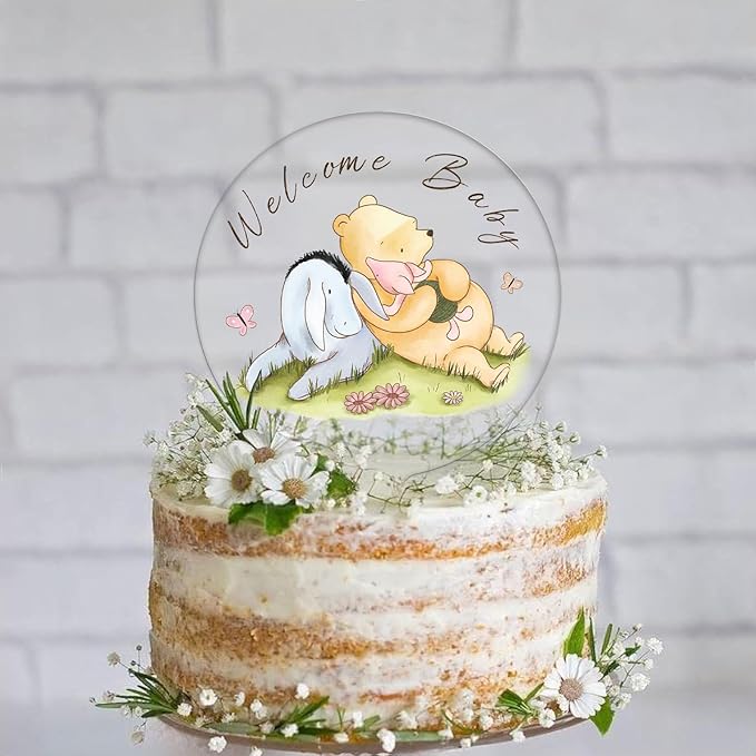 Classic Bear Cake Topper Acrylic 5x7" Vintage Style for Baby Shower Decorations, Winnie Themed Birthday Party Supplies, Oh Baby Welcome Home Cake Decor, Sturdy & Washable Keepsake