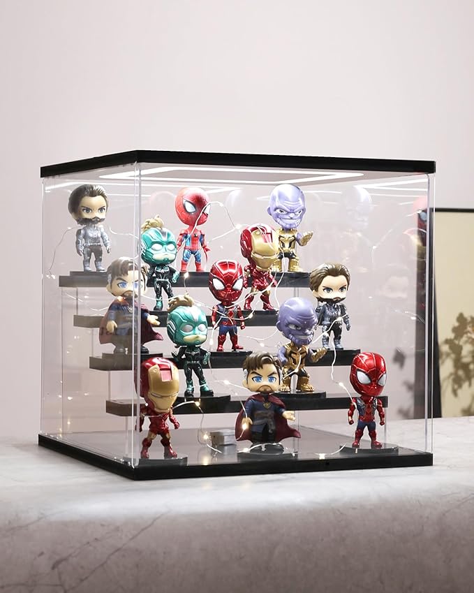 Clear Acrylic Display Case with Light , 5 Tier Display Box Stand Assembly Dustproof Protection Showcase for Collectibles Action Figures (Black 12.6×12.2×11.8in; 32×31×30cm)