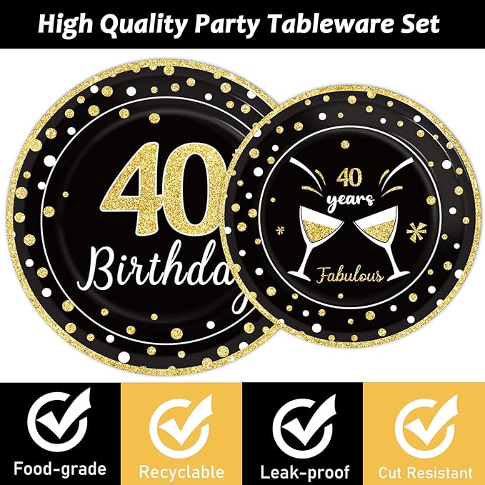 96 Pcs 40th Birthday Plates and Napkins Party Supplies Black Gold Happy Forty Theme Tableware Set 40th Birthday Decorations Favors for Men and Women Serves 24