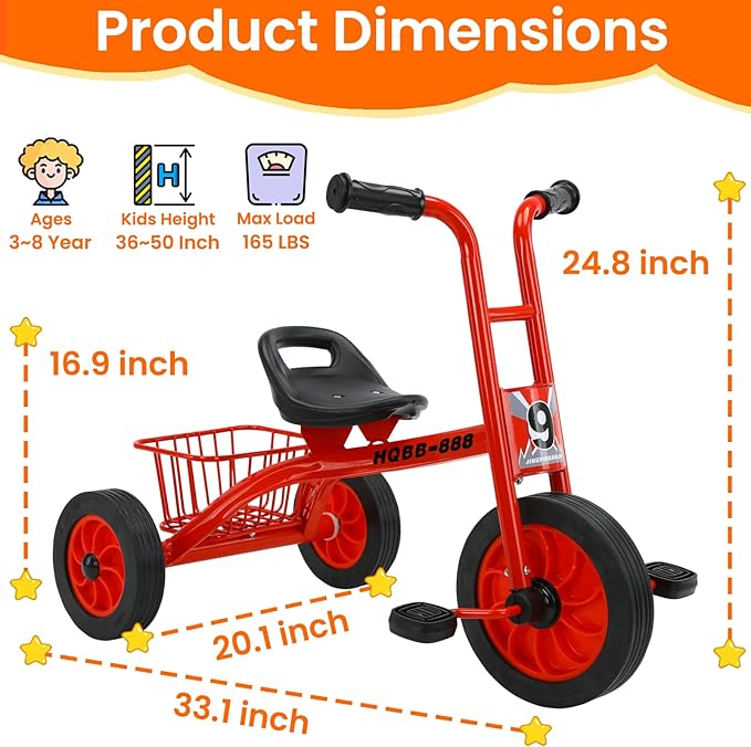 Kids Tricycle for Ages 3-8, Adjustable Seat Kids Trike, Preschool Daycare Toddler Tricycle Bike with Rubber Wheels and Storage Basket, Gifts and Toys for Boys and Girls