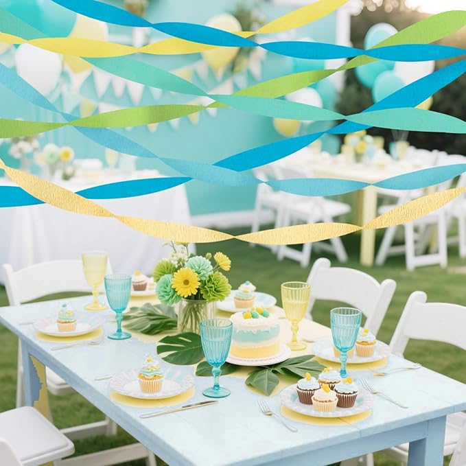 Crepe Paper Streamers Party Decorations, 6 Rolls of Blue, Pastel Blue, Green and Lime Party Streamers for Birthday Wedding Baby Shower Party Decorations Supplies