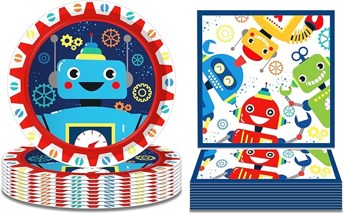 Robot Party Plates and Napkins for 24 Guests 64 Pcs Robot Birthday Party Supplies Disposable Tableware Set Robots Paper Plates Napkins for Robots Theme Birthday Party Supplies