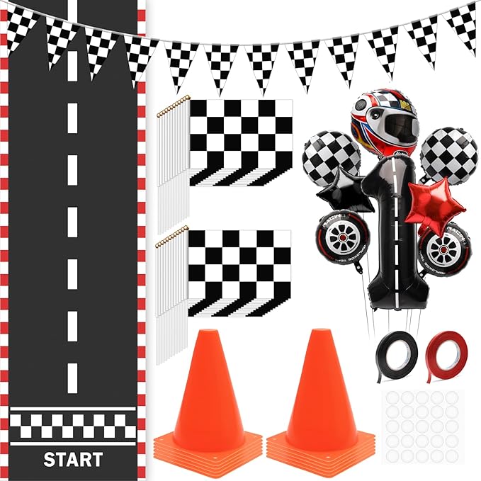 Windspeed Race Car Party Supplies, 38 Pcs Set: 24 Checkered Flags, 12 Mini Traffic Cones, 6.5Ft Racetrack Mat, 9.8Ft Hanging Flag, Birthday Decorations