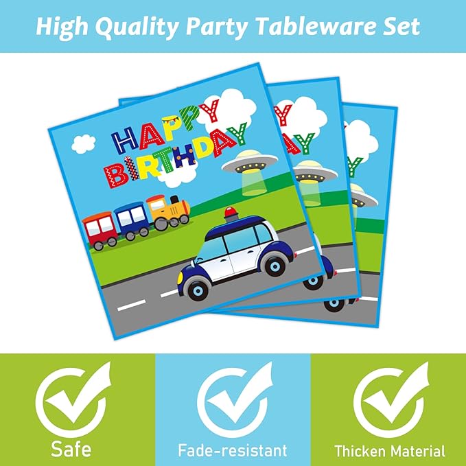 gisgfim 96 Pcs Transportation Plates and Napkins Party Supplies Car Tableware Set Bus Train Plane Ship Traffic Light Decorations Favors for Girls Boys Birthday Baby Shower Serves 24