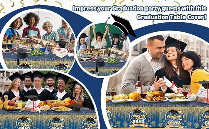 Staraise 3 Pcs Graduation Tablecloth for Graduation Decorations 2026 - Plastic Blue and Gold Congrats Grad Table Cloth,Disposable Graduations Table Cover for 2026 Grad Party Decorations,51.2x86.6inch