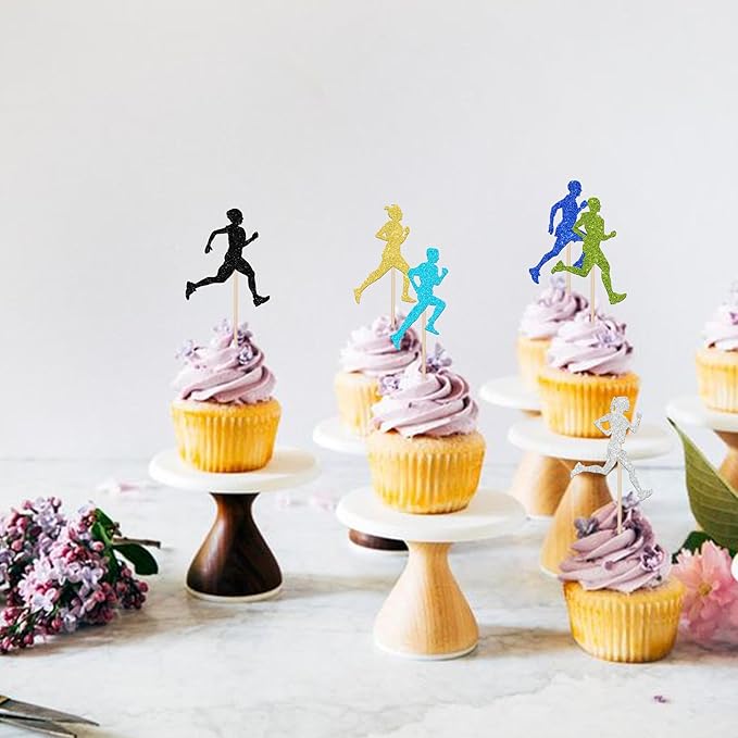 24 PCS Running Cupcake Toppers Colorful Glitter Sports Fitness Cupcake Picks for Running Theme Boys Girls Marathon Birthday Party Cake Decorations Supplies