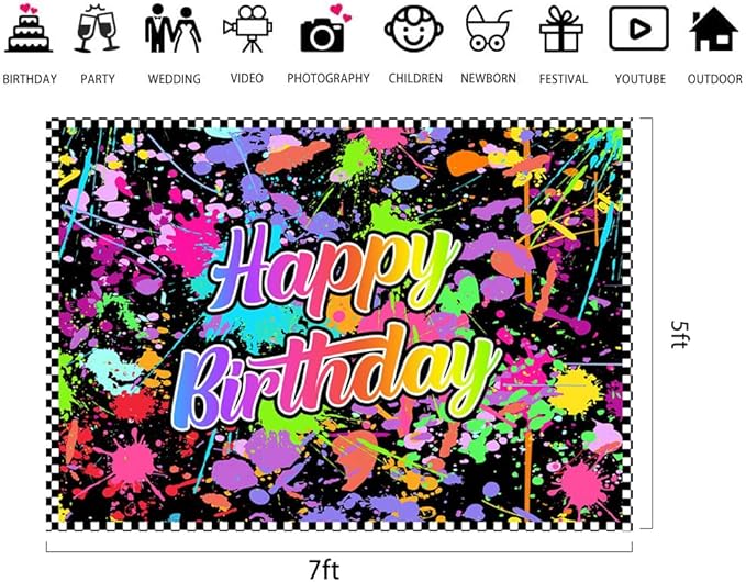 Lofaris Neno Glow in The Dark Birthday Backdrops for Photography Colorful Graffiti Splash Paint Party Background Slime Happy Birthday Theme Black Light Sleppover Party Decorations