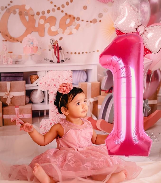 40 Inch Pink Number 1 Balloon with Mini Bow Balloon for Girls 1st Birthday Decorations, Pink Mouse Princess Western Cowgirl Theme Birthday Party Balloons Decorations Supplies