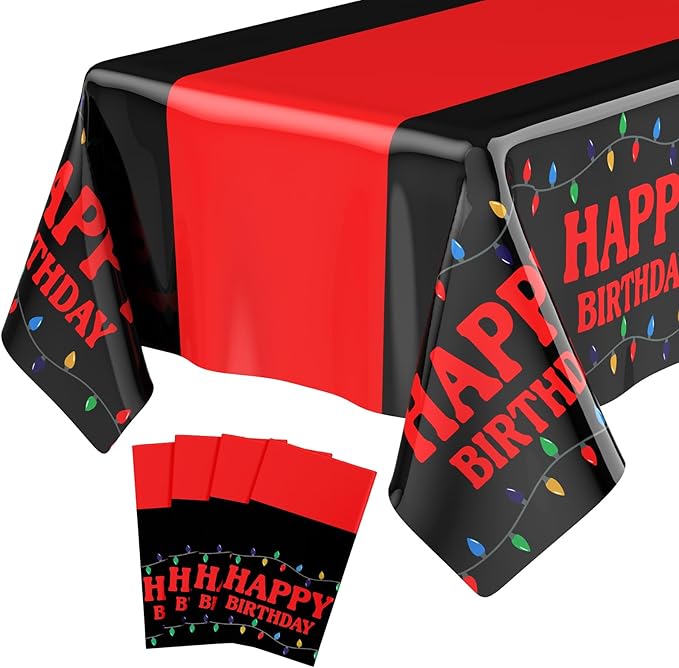 4 Pcs Birthday Party Decorations Plastic Cute Birthday Tablecloth 108 x 54 Inches Disposable Rectangle Tablecover for Boys Girls Kids Baby Shower Party Supplies (Black&red)