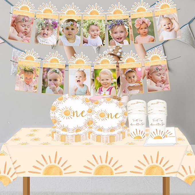 First Trip Around the Sun 12 Month Photo Banner Boho Sun 1st Birthday Decorations Party Supplies Sunshine First Birthday Decor for Baby Boys & Girls