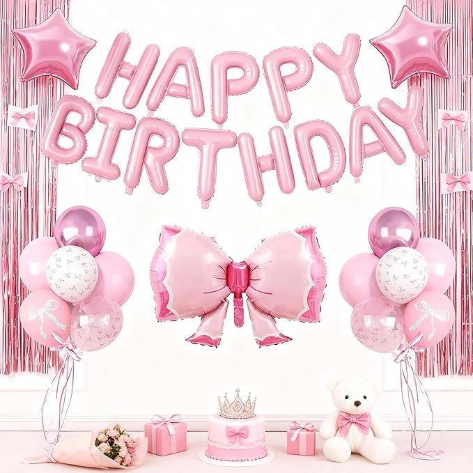 29PC Bow Happy Birthday Balloon Banner, 16Inch 3D Aluminum Letter Banner Sign, White Pink Printed Balloon 18 Inch Pink Star Foil Balloons for Bow Birthday Party Decorations