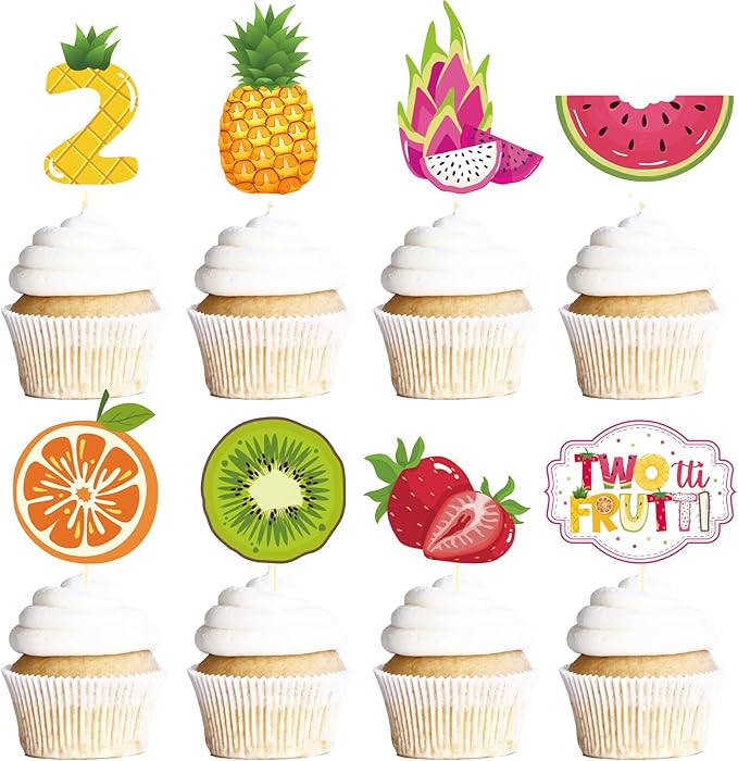 Twotti Fruity Birthday Decorations - 40PCS Tutti Frutti Cupcake Toppers 2nd Bday Decorations for Girl Fruit Themed Cupcake Picks Party Supplies Strawberry Watermelon Second Birthday Decor