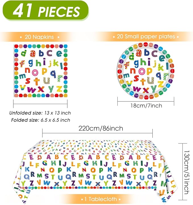 41Pcs Colorful ABC Birthday Party Decorations Alphabet Colorful Party Supplies ABC Rainbow Dots Plates Napkins Tablecloth丨Kids Birthday Educations Party Classroom First Day School Party,Serv 20