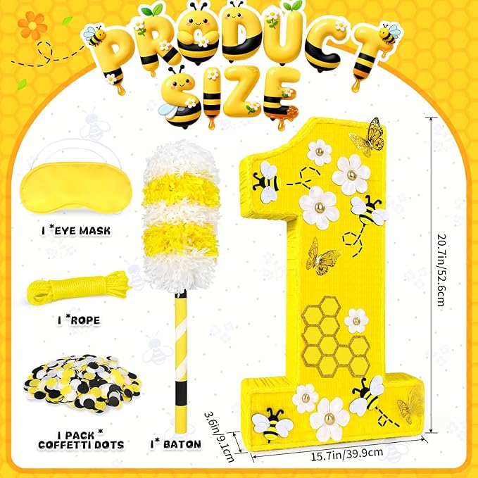 25" Large Number 1 Pinata - Includes 24" Bat Stick, Eye Mask, Rope | Queen Bee Pinatas with Butterfly, Daisy, Bumblebee Themed Party Supplies and Decorations, Kids First Birthday Party Décor