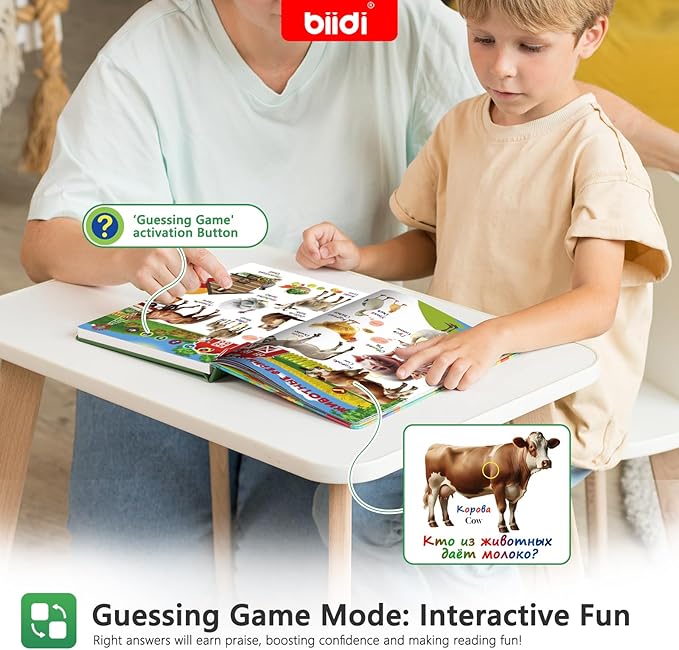 English & Russian Bilingual Interactive Sound Book for Toddler 3-5,40 Songs&30 Stories,Rechargeable Talking Book,Learing Toy for Kids,Boys Girls Birthday, 1600+ Sounds,171 Animals