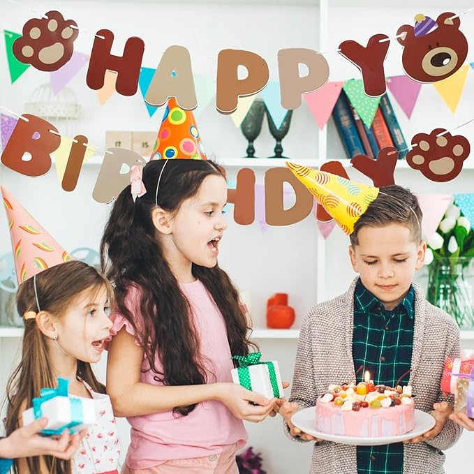 Bear Happy Birthday Banner, Cute Cartoon Bear with Paw Prints Garland, Kids Animal Themed Birthday Decorations, Fun Wall Hanging Letter Bunting Party Supplies for Boys and Girls