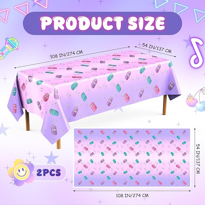 2 Pcs Birthday Party Decorations Plastic Cute Birthday Tablecloth 108 x 54 Inches Disposable Rectangle Tablecover for Boys Girls Kids Baby Shower Party Supplies (Soda Bottle)
