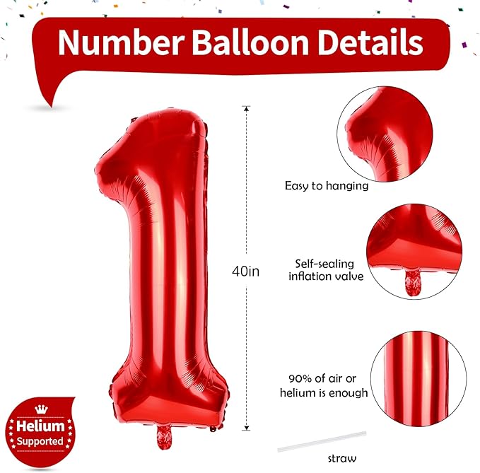 Red 1 Balloon Number for 1st Girls Birthday, 40 Inch Number Foil Balloons 0-9 Set for Boys, Large 11st Birthday Party Balloons Decor Anniversary Graduation Decoration Women Kids Supplies