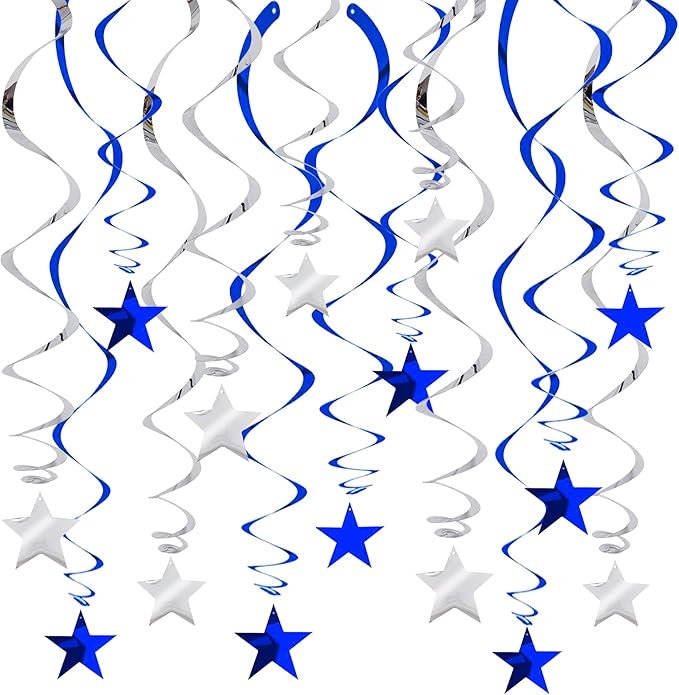 BEISHIDA Blue Silver Stars Hanging Swirls Bachelorette Graduation Hanging Ornament Decorations for Birthday Party Baby Shower Supplies Congrats Grade 2026 Graduation Decorations,Pack of 15