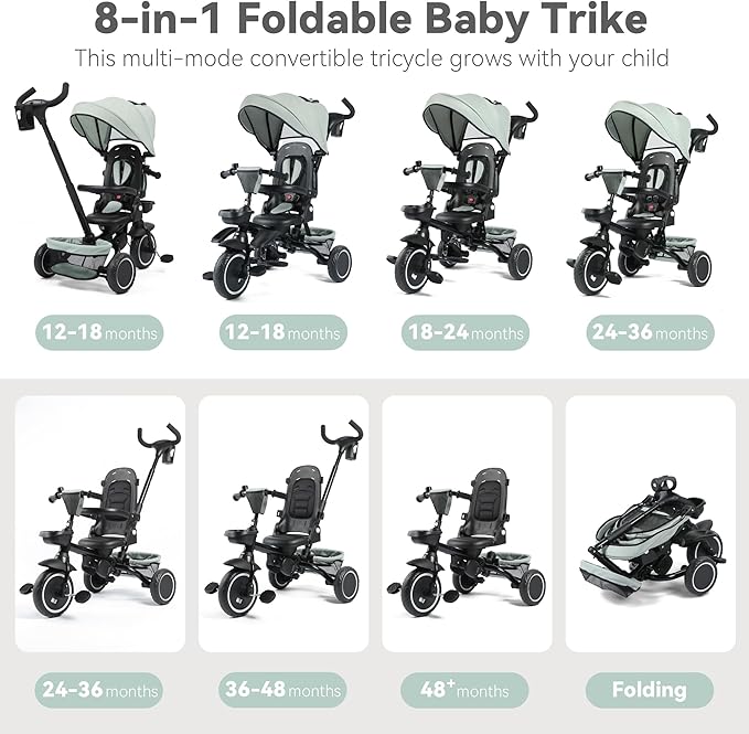 8 in 1 Kids Tricycle, Folding Toddler Tricycle w/Reversible Seat, Adjustable Push Rod & Canopy, Baby Trike Toddler Bike w/Bell, 5-Point Harness, Extra Storage, Cup Holder, Pale Green