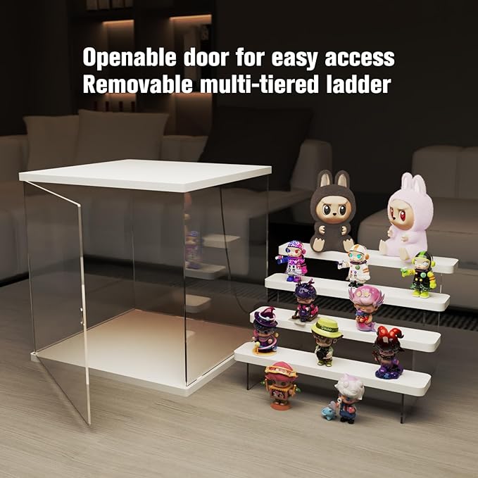 Nynelly Acrylic Lighted Display Case for Collectibles, 5 Tier Figure Display Box with Door and Steps, Assemble Dustproof LED Showcase Storage Box for Mini Figures, Funko Pop, Toys, White