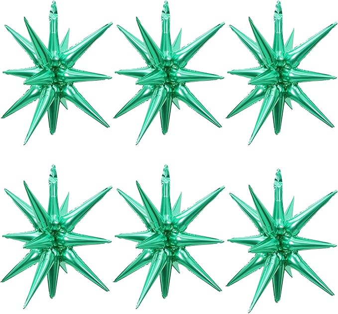 6 Pcs Green Star Foil Balloons One-Piece 14-Pointed Star Balloon 4D Cone Mylar 22inch Christmas Birthday Wedding Fireworks Shape Party Supplies (Green)