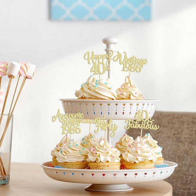 30Pcs Vintage 1986 Cupcake Toppers Glitter Forty Happy 40th Birthday 40 Fabulous Cupcake Picks Cheers to 40 Years for 40th Birthday Wedding Anniversary Party Cake Decorations Supplies Gold