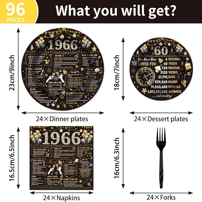 96PCS 60th Birthday Plates and Napkins Party Supplies 60th Birthday Decorations for Women Men 60th Anniversary Decorations Cheers to 60 Years Vintage Tableware Sets Serve 24 Guests
