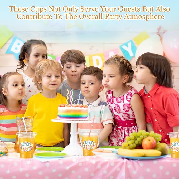 Yungyan 50 Sets Groovy Theme Party Plastic Cups with Lids and Straws 16 oz Coffee Juice Drinking Cups for Birthday Baby Shower Party Supplies