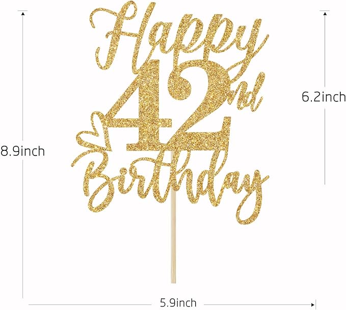 Happy 42nd Birthday Cake Topper, Cheers to 42 Years, Gold Glitter Party Supplies