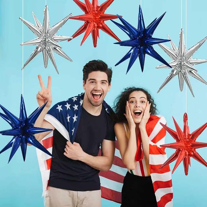 TONIFUL 8 Pcs Navy Blue Silver Red Foil Balloons Large Star Balloons Explosion Star Mylar Balloons for Independence Day Christmas New Year Birthday Wedding Baby Shower Anniversary Photo Booth Supplies