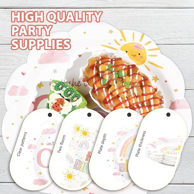 96Pcs Isn't She Onederful Birthday Party Decorations Isn't She Lovely First Birthday Paper Plates and Napkins Set Rainbow 1st Birthday Decoration for Girls One Year Old Bday Party Supplies Serves 24