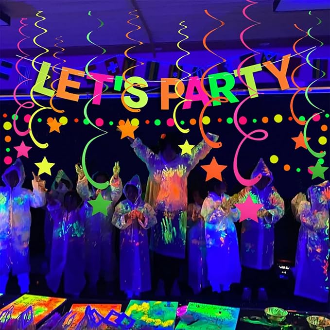 Neon Party Supplies Includes Let's Party Banner, Round Dot Paper Garland, Neon Swirl Streamers,Glow in The Dark Party Supplies Decorations UV Blacklight Reactive Favor for Halloween Wedding Birthday