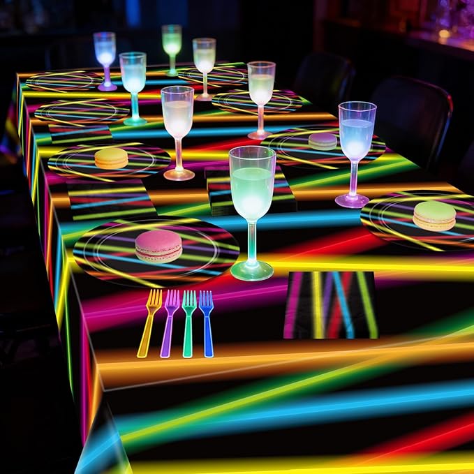 81Pcs Glow in the Dark Party Supplies Set - Serves 20, Neon Party Supplies, Includes Plates, Napkins, Fork, Tablecloth for Halloween Glow Birthday Decorations