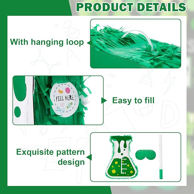 Soulchen Mad Scientist Science Beaker Piñata with Rod and Mask Blindfold 15.75 x 11.8 x 3.5 Inches for Science Party Halloween Decorations Birthday Party Supplies Games