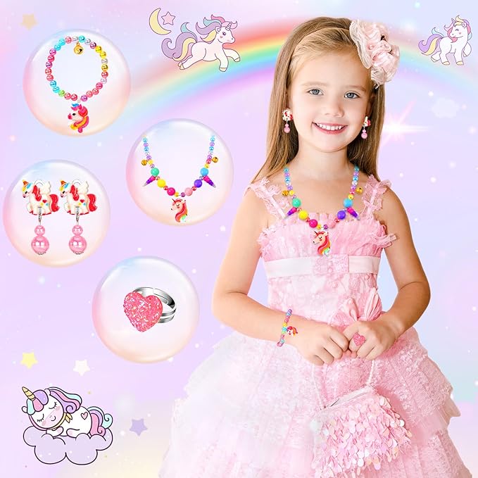 Jewelry Toys for Girls, Classic Unicorn Mermaid Frozen Themed Necklaces Bracelets Rings Earrings Set for Princess Dress Up Pretend Play, Toddler Costume Jewelry, Little Girls Christmas Birthday Gifts
