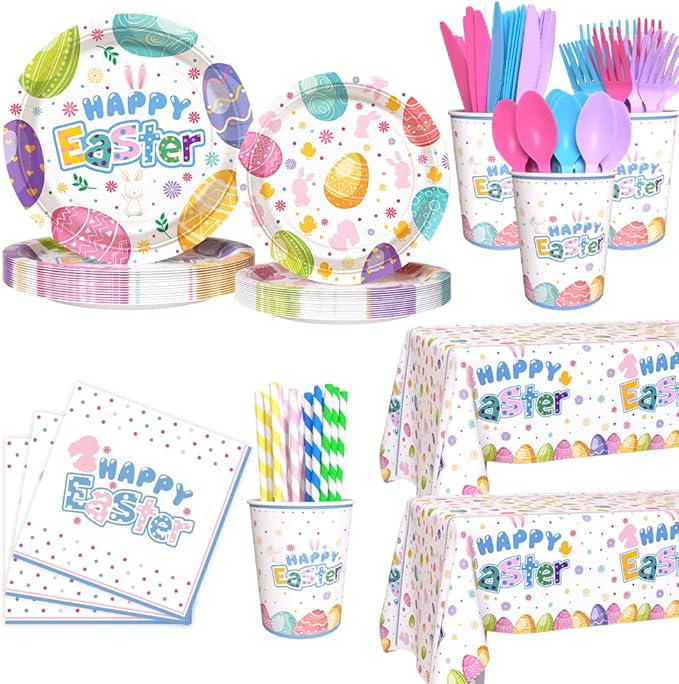 194 Pcs Easter Party Supplies Decorations Happy Easter Party Plates Napkins Decorations Bunny Egg Easter Disposable Tableware Set with Plates Napkins and Tablecloth Serves 24 Guests