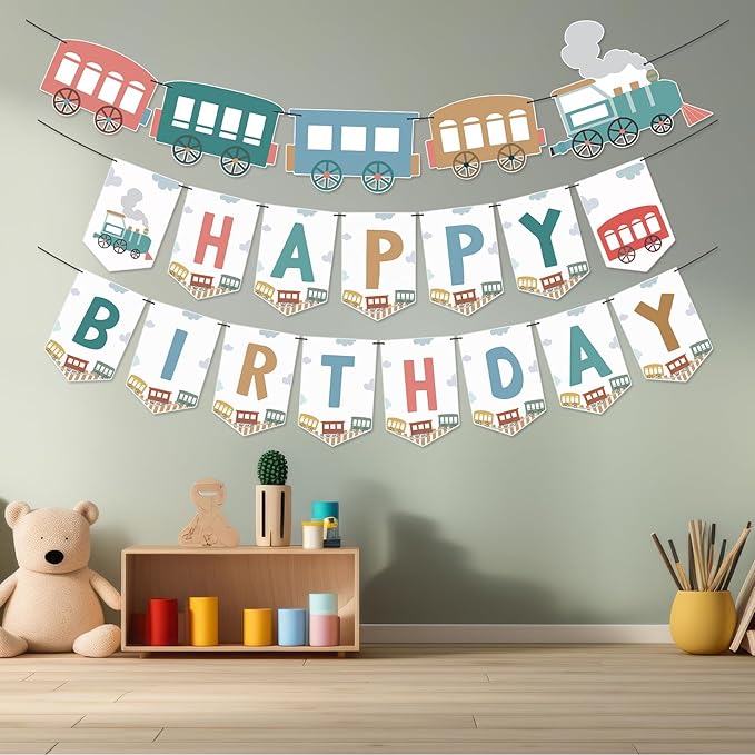 2 Pack 6 Feet Train Birthday Party Banner Decorations Retro Train Happy Birthday Garlands for Railroad Steam Vintage Party Supplies