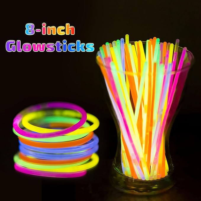 300 Pcs Glow Sticks Bulk Party Pack, 8'' Glow in the Dark Party Supplies, Glow in the Dark Light Up Sticks with Connectors, Party Favors for Birthday, Concert, Raves, Halloween, Christmas
