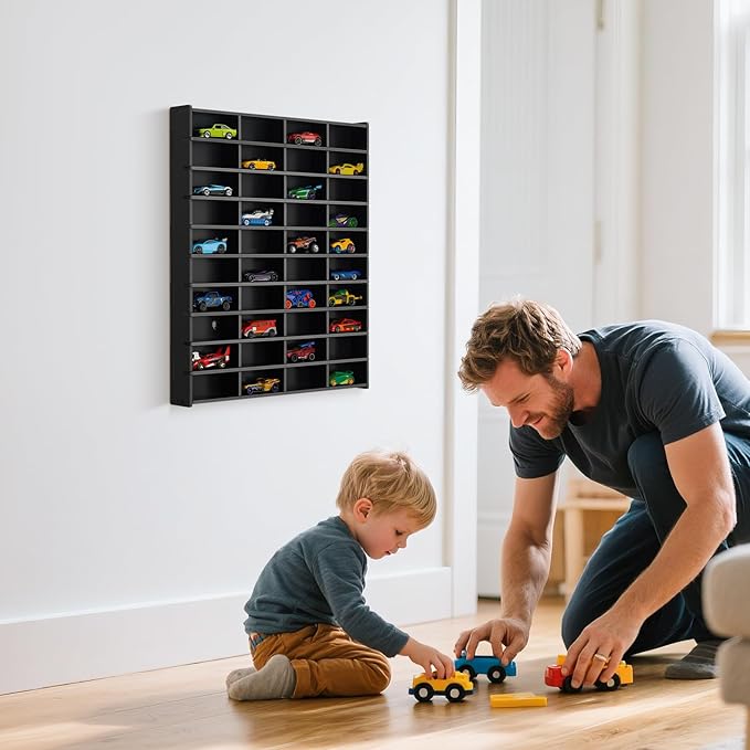 Toy Car Display Shelf, Holds 40 Diecast 1/64 Toy Cars, Wall Mount Model Car Storage Organize Case, Black