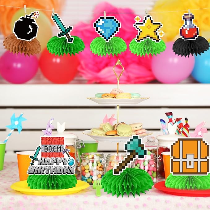 Pixel Birthday Party Decorations, Double Sided Honeycomb Centerpieces for Table Decorations, Cartoon Birthday Party Supplies