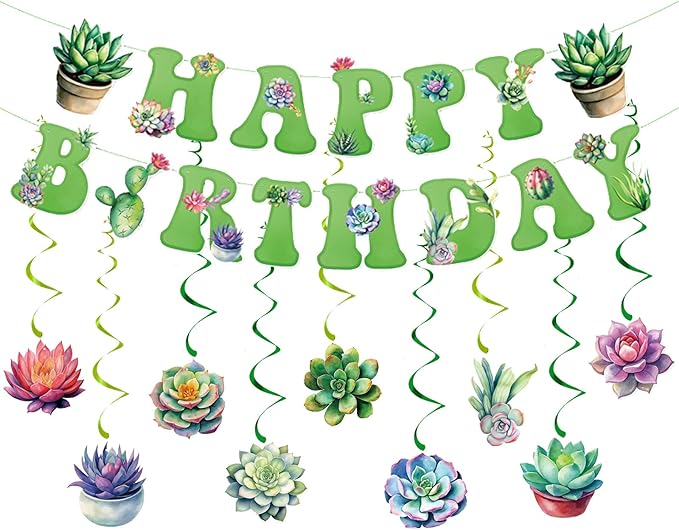 Zwiebeco Multicolored Succulent Plants Happy Birthday Banner Bunting Hanging Paper Swirls Garland Party Decorations for Spring Summer Plant Themed Boys Girls Baby Shower Decor Accessories Supplies