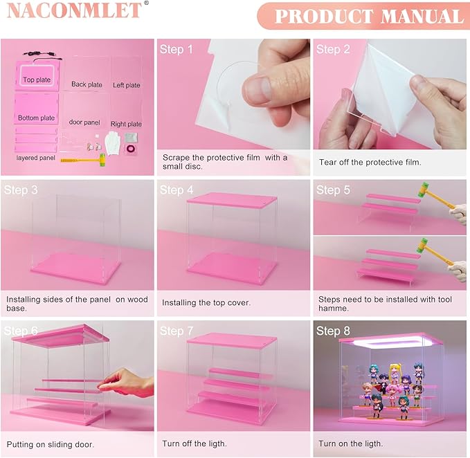 Pink Wood Base Acrylic Display Case for Collectibles, 6-Tier Clear Display Box with Steps for Funko Pop & Action Figures, Dustproof Showcase Organizer, 19.7x12.6x16.5 Inches