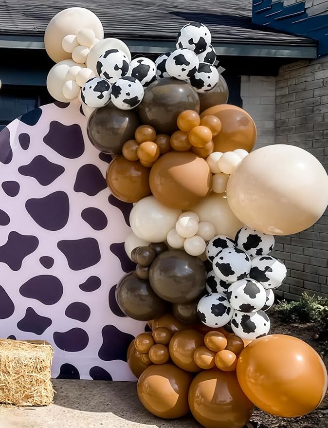 Western Cow Print Balloon Arch Kit, 134 Pcs Brown Beige Coffee and Cow Print Balloons, for Cowboy Birthday, Baby Shower, Western Farm Theme Party Backdrop Decorations