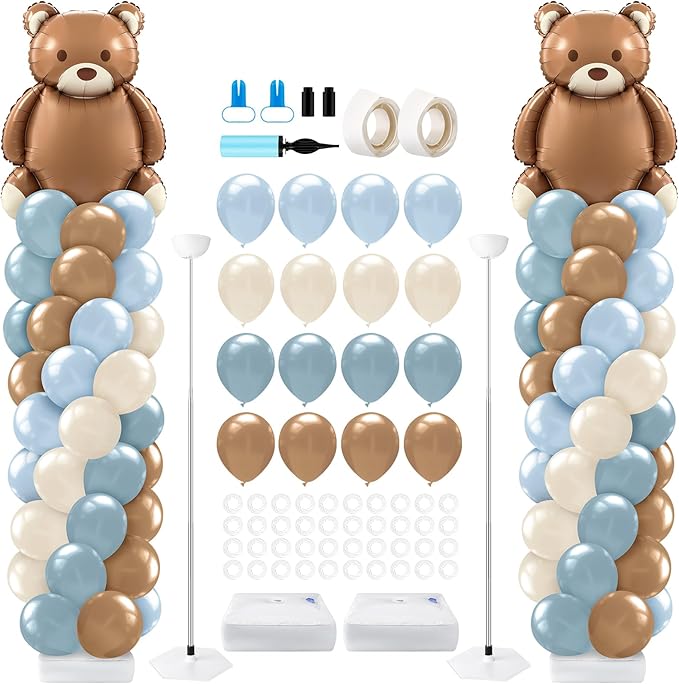 Kasyat 2 Set Bear Baby Shower Balloon Column Stand Kit Dusty Blue and Brown Balloon Arch Garland Kit, Bear Baby Shower Decorations Backdrop for Gender Reveal Birthday Party Supplies